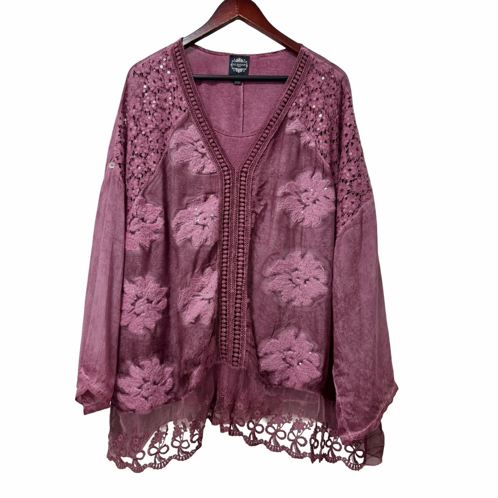 Le Marais Paris Silk Embroidered  Floral Blouse Size XL Pink Romantic Bohemian